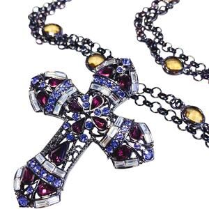 Real Collectibles by Adrienne Glass Rhinestone Cross Pendant Necklace Purple 50"